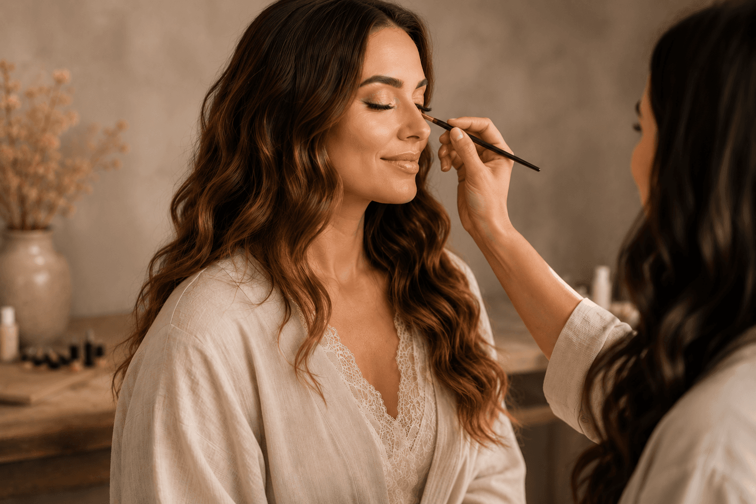Makeup artist applying eye makeup with care