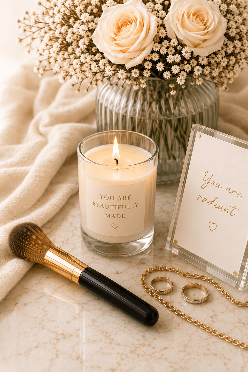 Lit candle with You Are Beautifully Made label, roses, makeup brush, and gold jewelry on marble