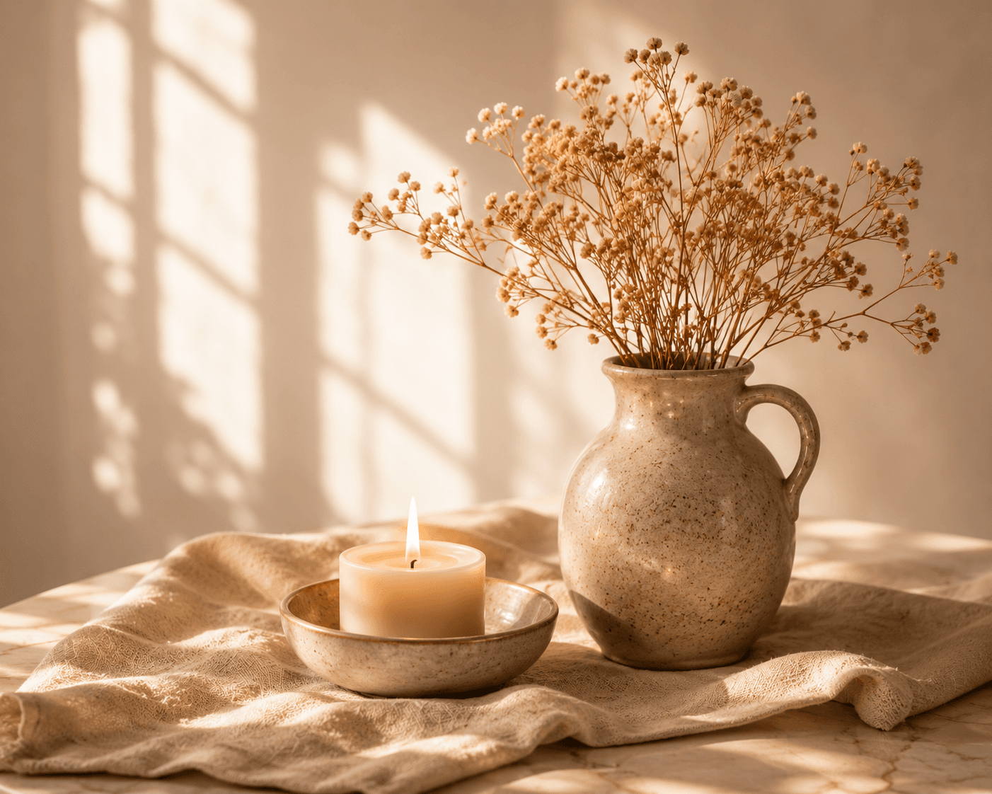 Warm still life with ceramic vase, dried florals and candle