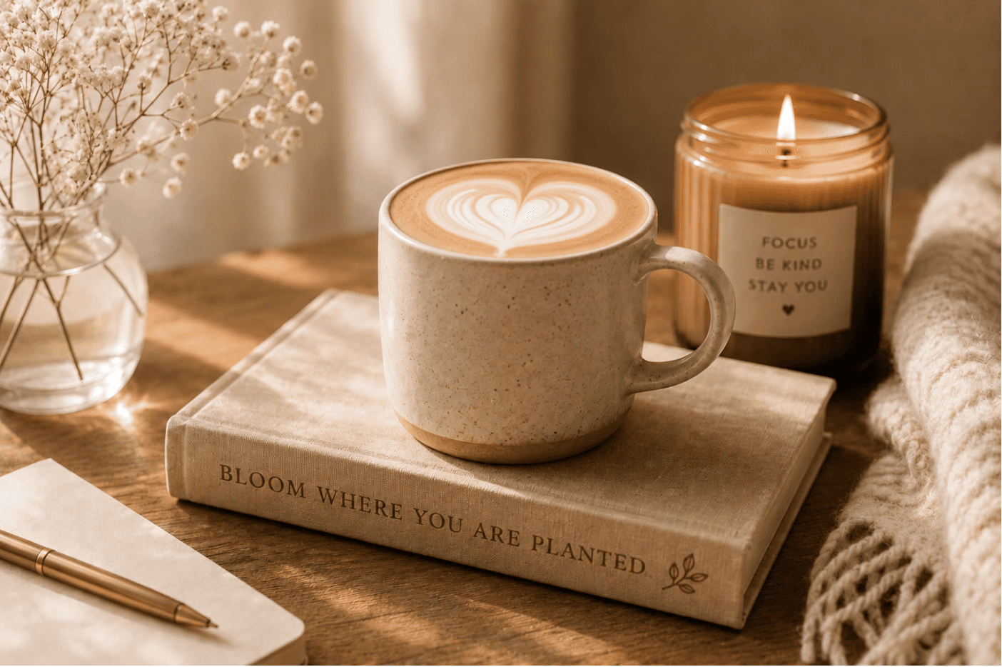 Cozy still life with latte, journal, candle, and flowers in warm sunlight